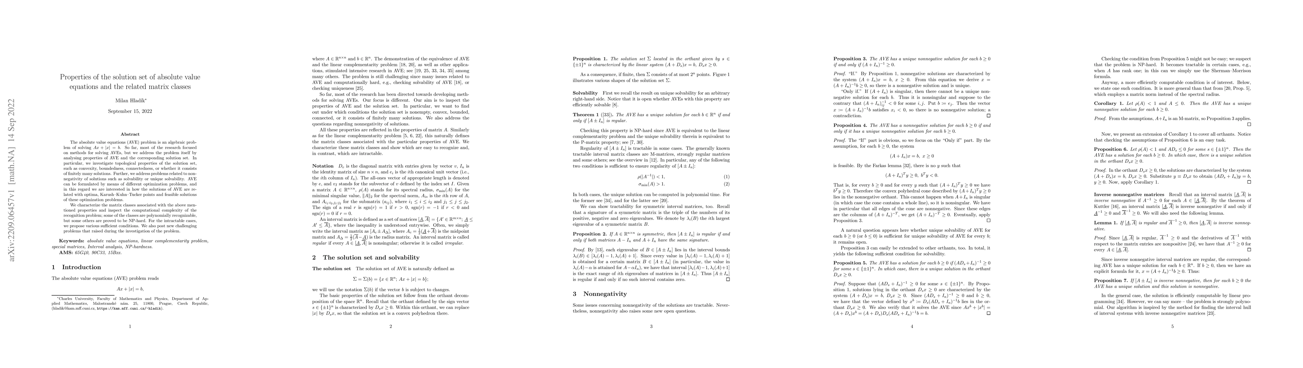Thumbnail for Properties of the solution set of absolute value equations and the
  related matrix classes