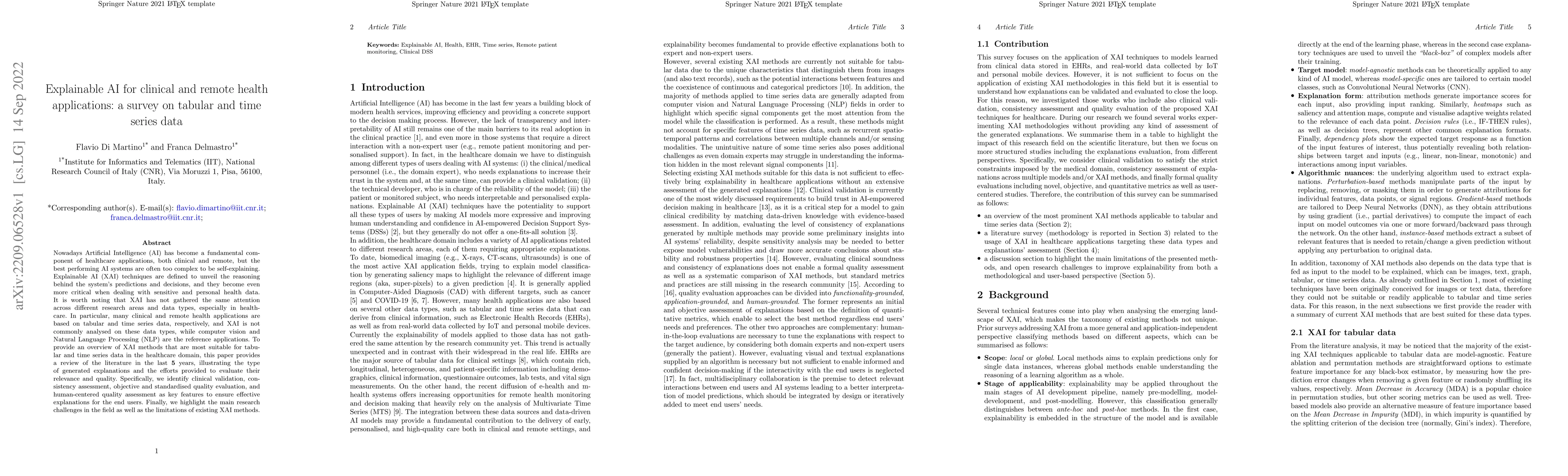 Thumbnail for Explainable AI for clinical and remote health applications: a survey on
  tabular and time series data