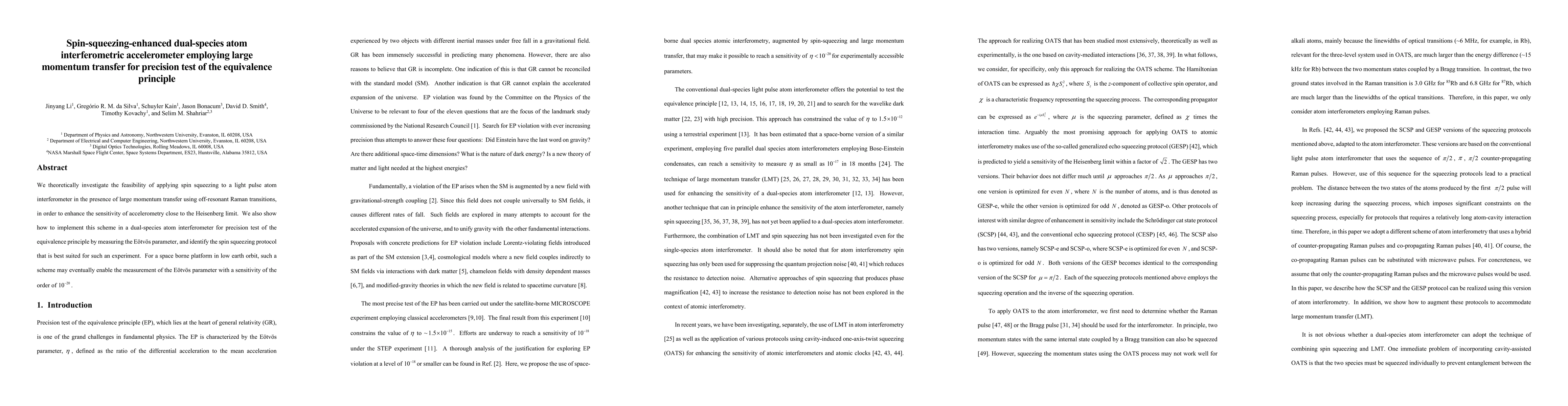 Thumbnail for Spin squeezing enhanced dual species atom interferometric accelerometer
  employing large momentum transfer for precision test of the equivalence
  principle