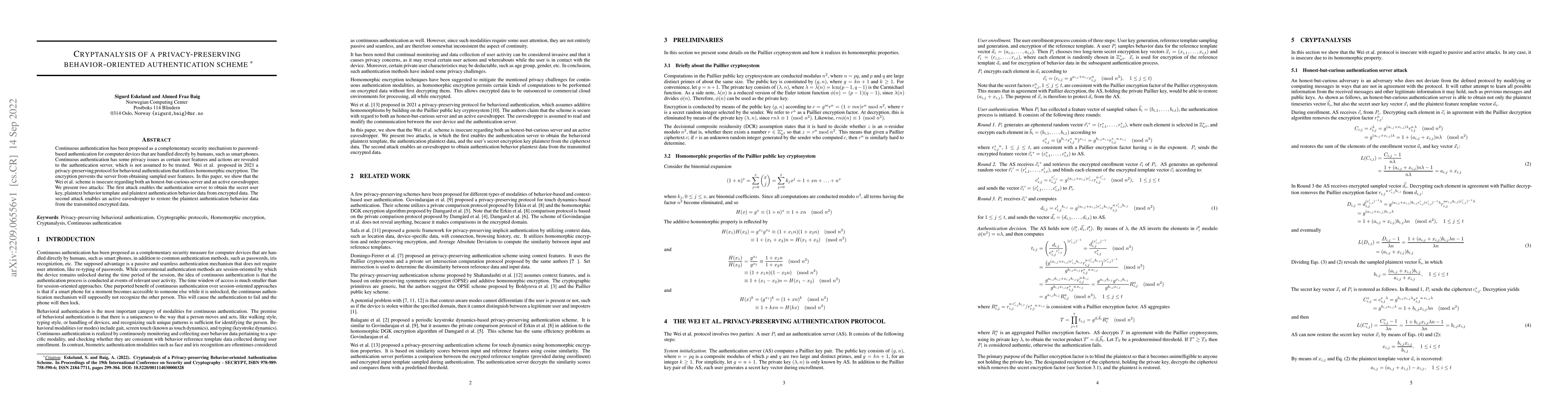 Thumbnail for Cryptanalysis of a privacy-preserving behavior-oriented authentication
  scheme