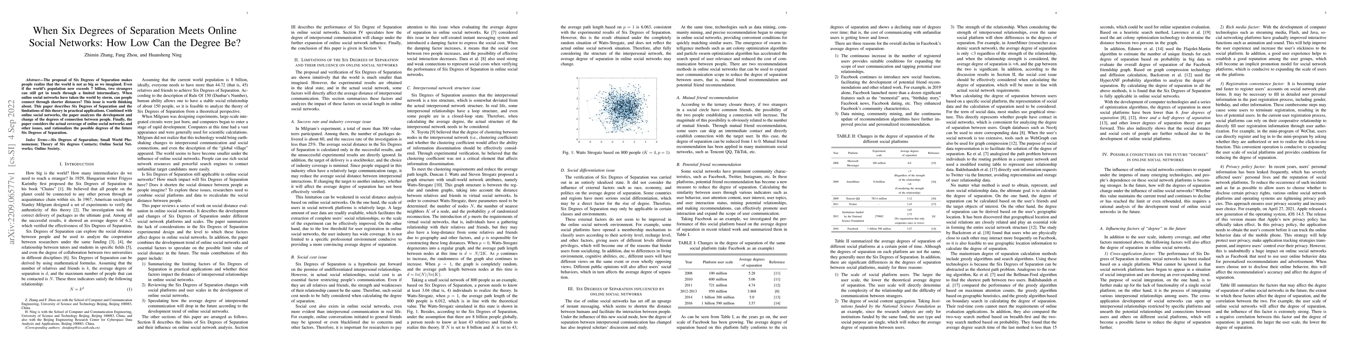 Thumbnail for When Six Degrees of Separation Meets Online Social Networks: How Low Can
  the Degree Be?