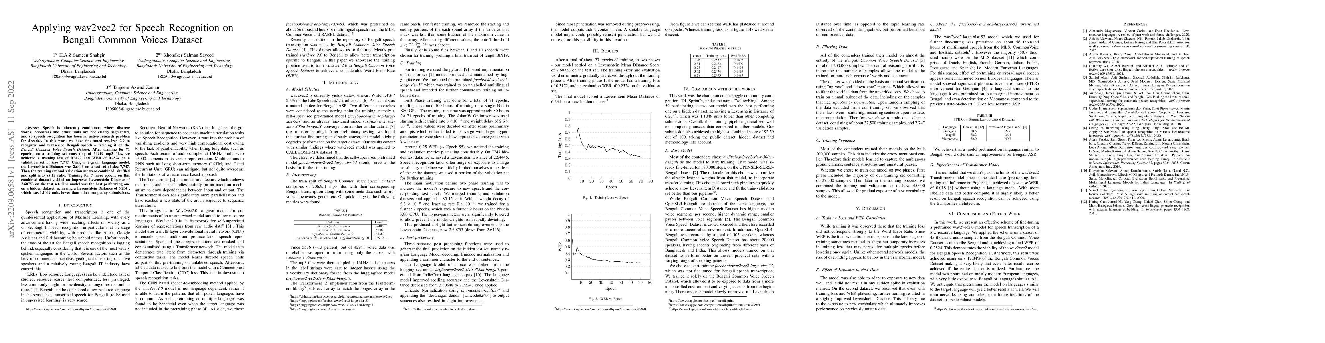Thumbnail for Applying wav2vec2 for Speech Recognition on Bengali Common Voices
  Dataset
