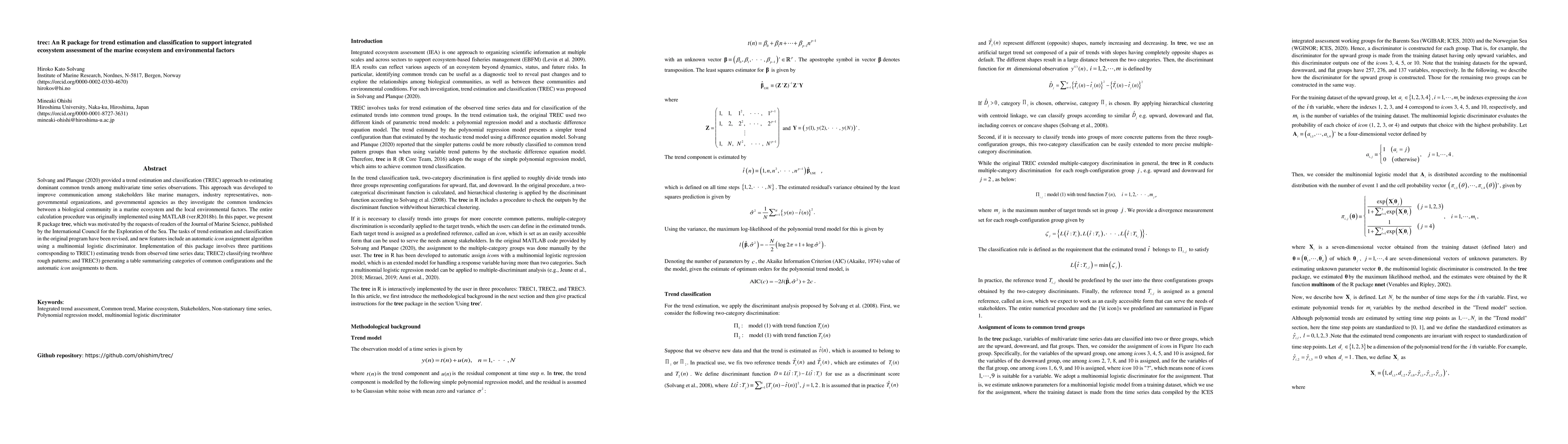Thumbnail for trec: An R package for trend estimation and classification to support
  integrated assessment of the marine ecosystem and environmental factors
