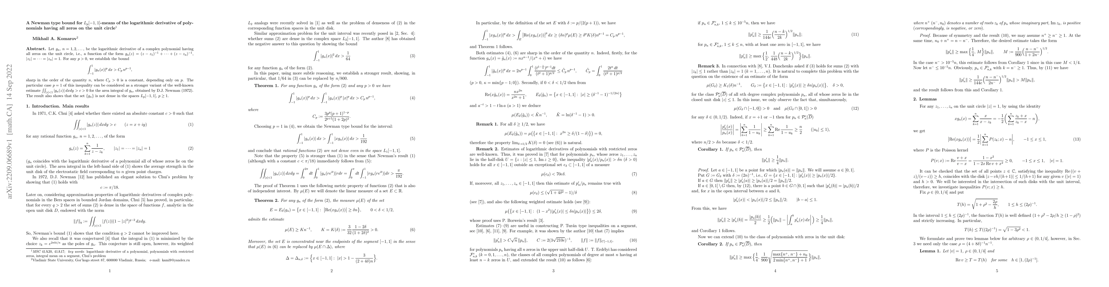 Thumbnail for A Newman type bound for $L_p[-1,1]$-means of the logarithmic derivative
  of polynomials having all zeros on the unit circle