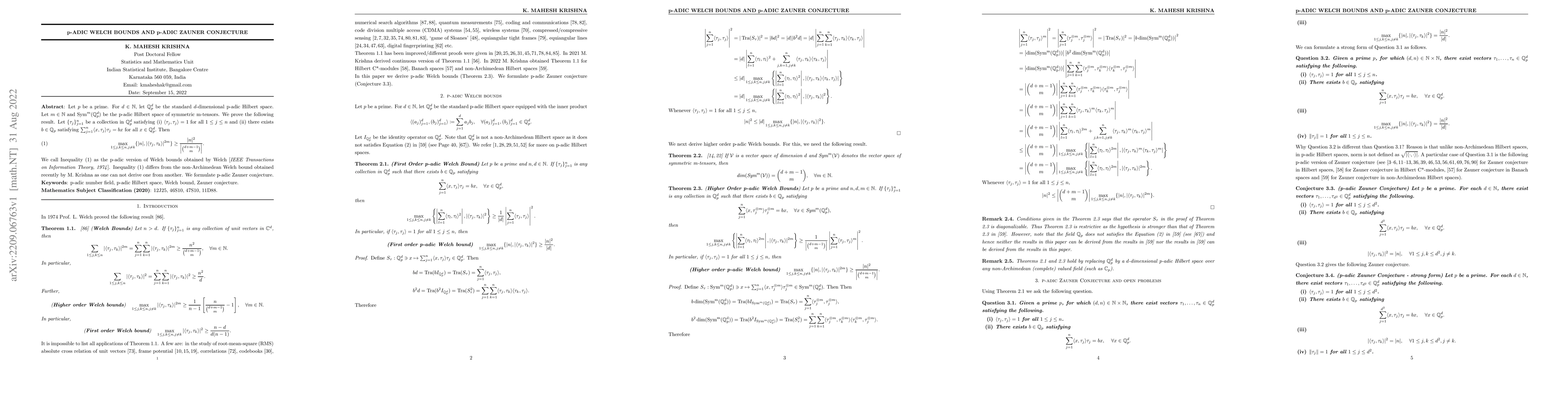 Thumbnail for p-adic Welch Bounds and p-adic Zauner Conjecture