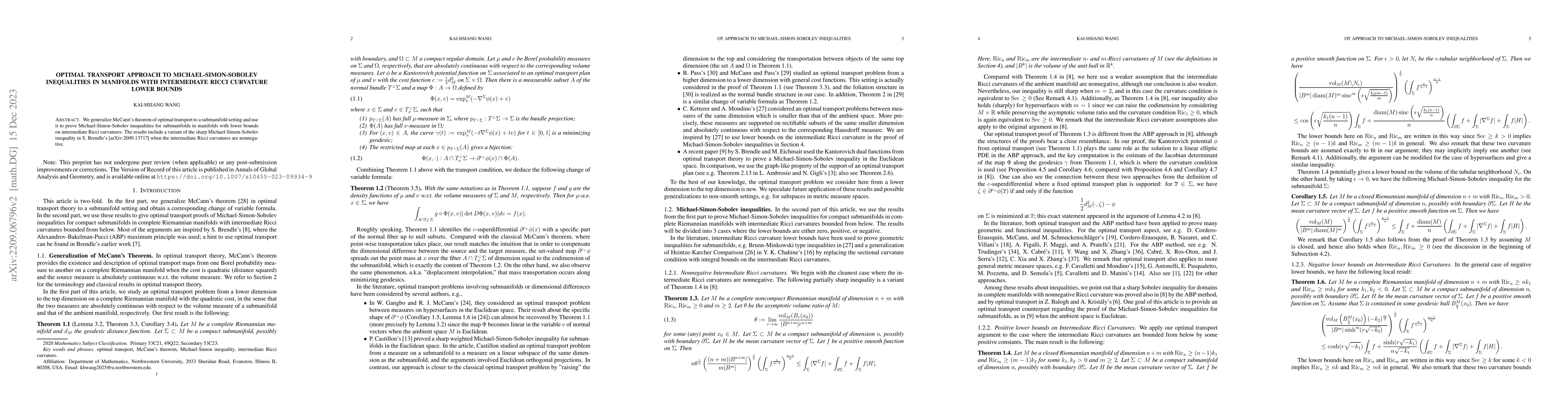 Thumbnail for Optimal Transport Approach to Michael-Simon-Sobolev Inequalities in
  Manifolds with Intermediate Ricci Curvature Lower Bounds