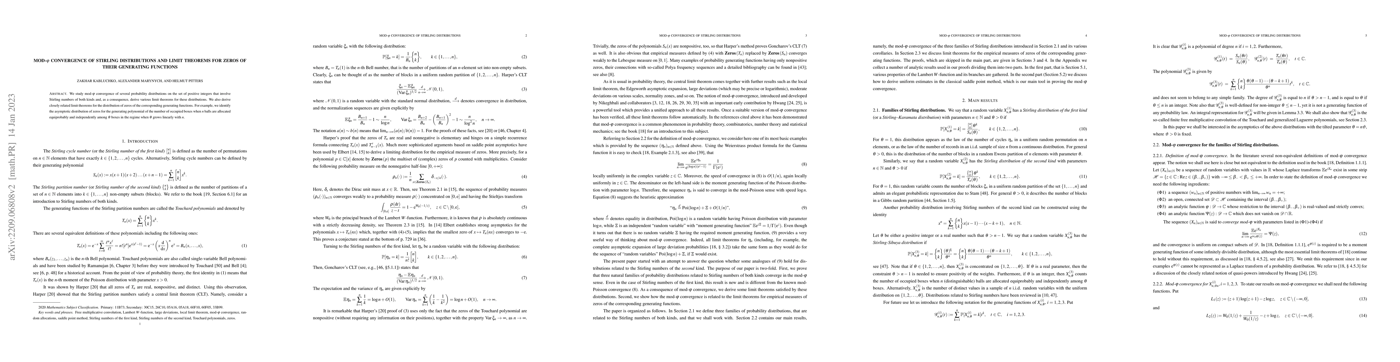 Thumbnail for Mod-$\varphi$ convergence of Stirling distributions and limit theorems
  for zeros of their generating functions
