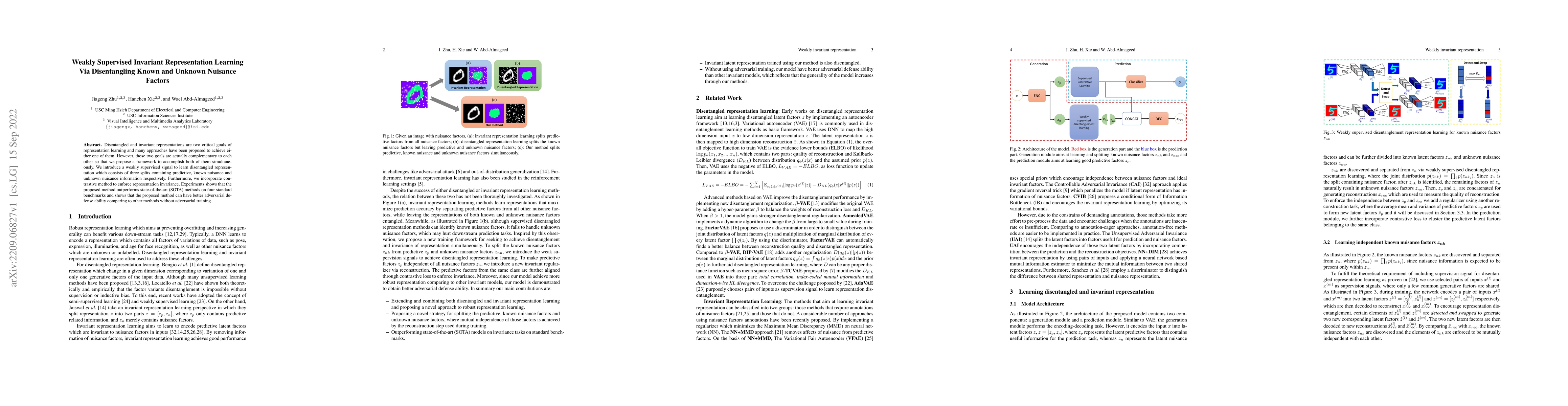 Thumbnail for Weakly Supervised Invariant Representation Learning Via Disentangling
  Known and Unknown Nuisance Factors