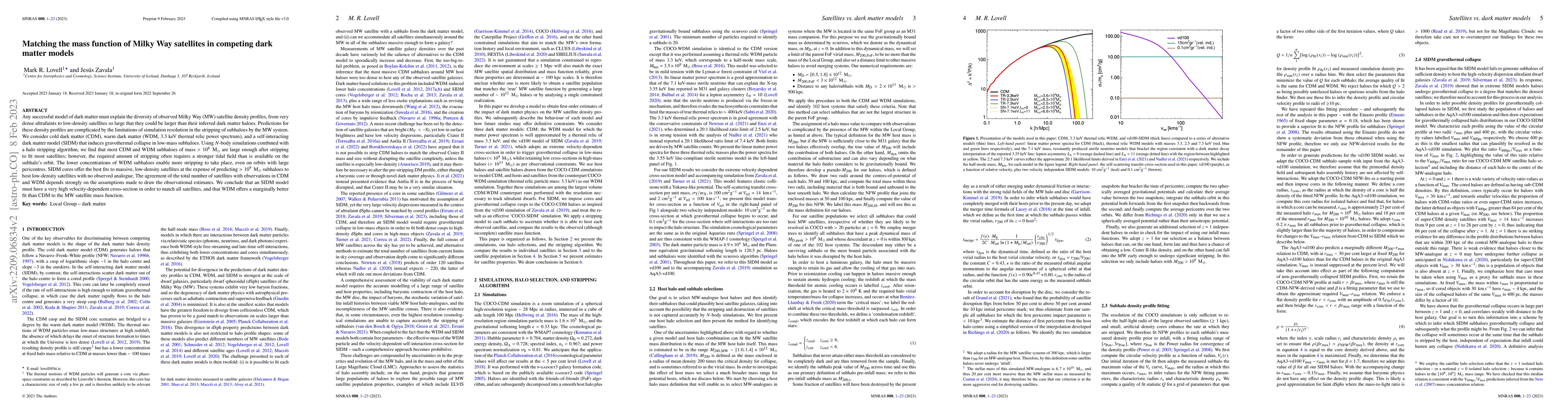 Thumbnail for Matching the mass function of Milky Way satellites in competing dark
  matter models