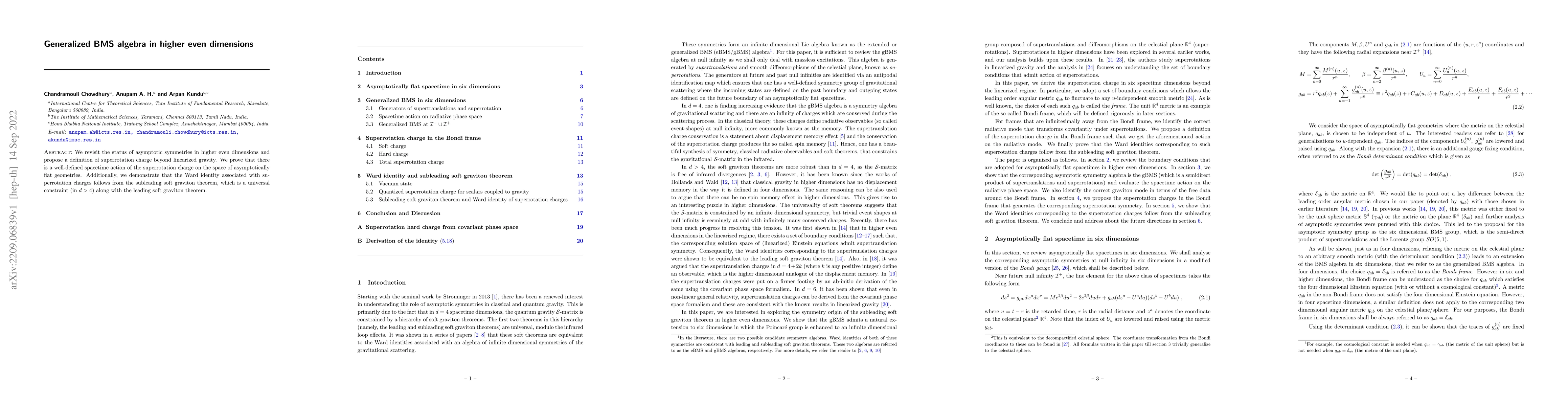 Thumbnail for Generalized BMS algebra in higher even dimensions