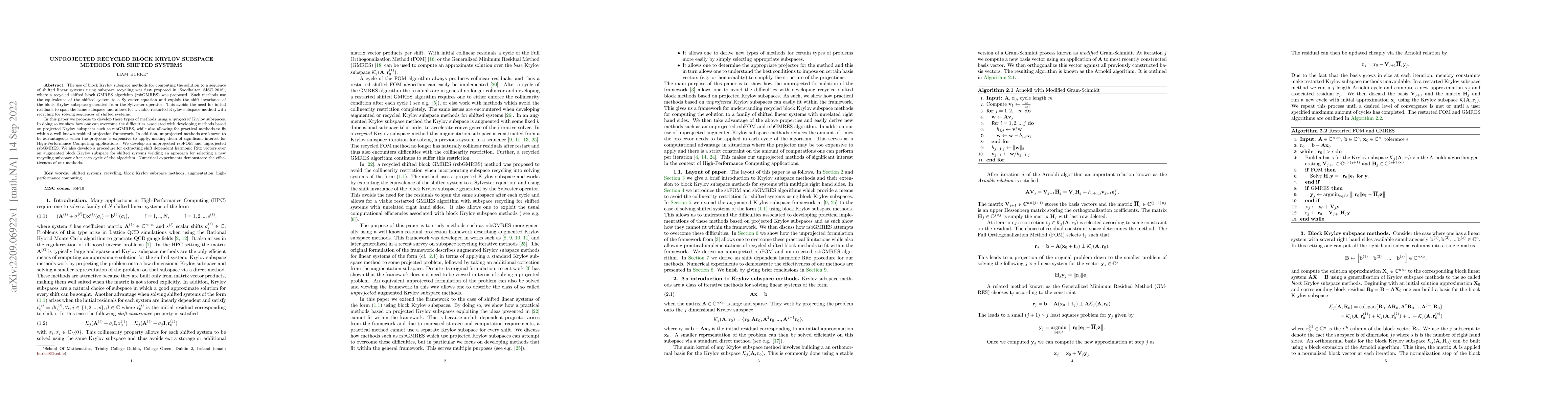 Thumbnail for Unprojected recycled block Krylov subspace methods for shifted systems
