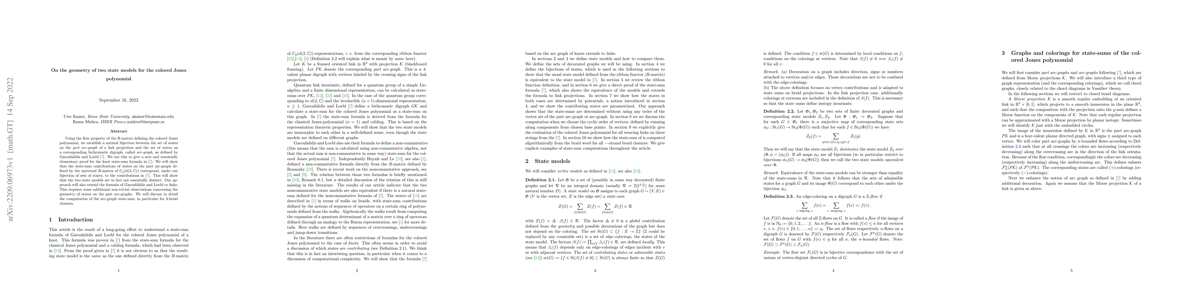 Thumbnail for On the geometry of two state models for the colored Jones polynomial