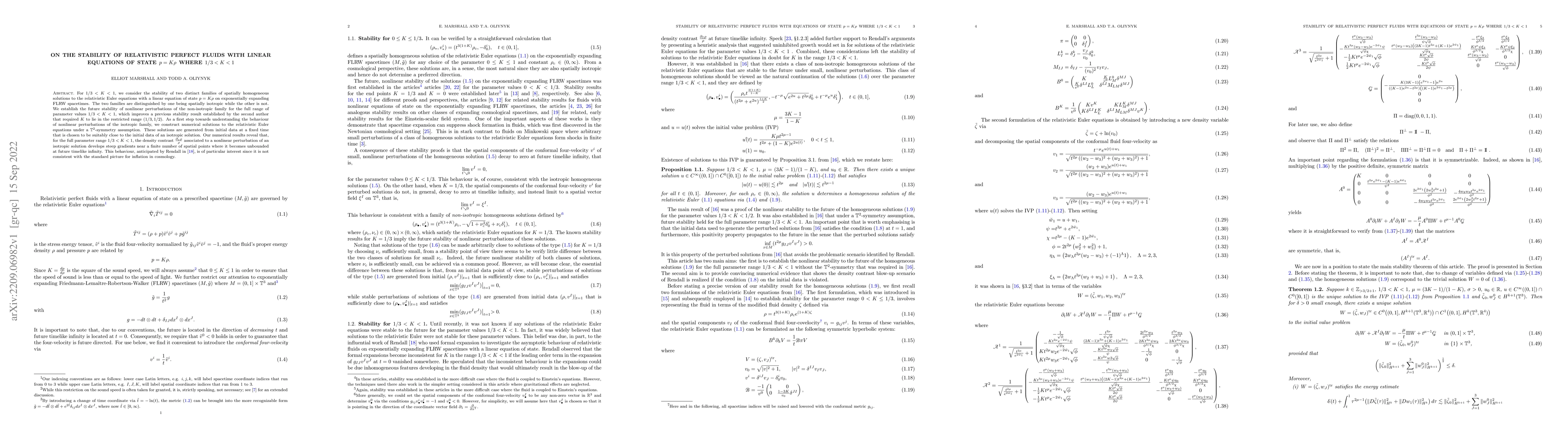 Thumbnail for On the stability of relativistic perfect fluids with linear equations of
  state $p=K\rho$ where $1/3<K<1$