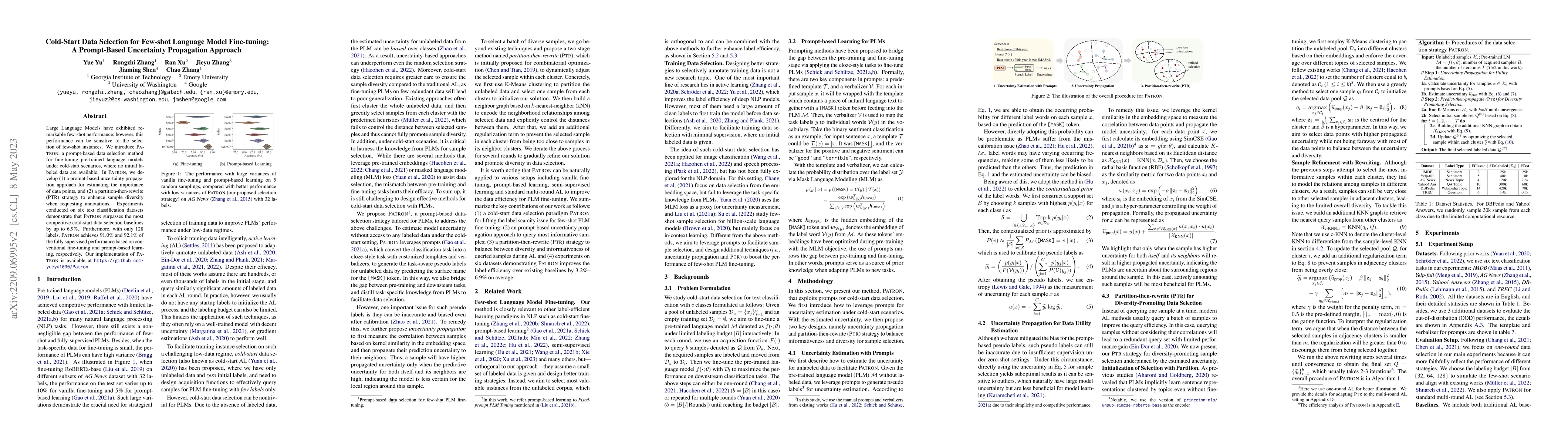 Thumbnail for Cold-Start Data Selection for Few-shot Language Model Fine-tuning: A
  Prompt-Based Uncertainty Propagation Approach