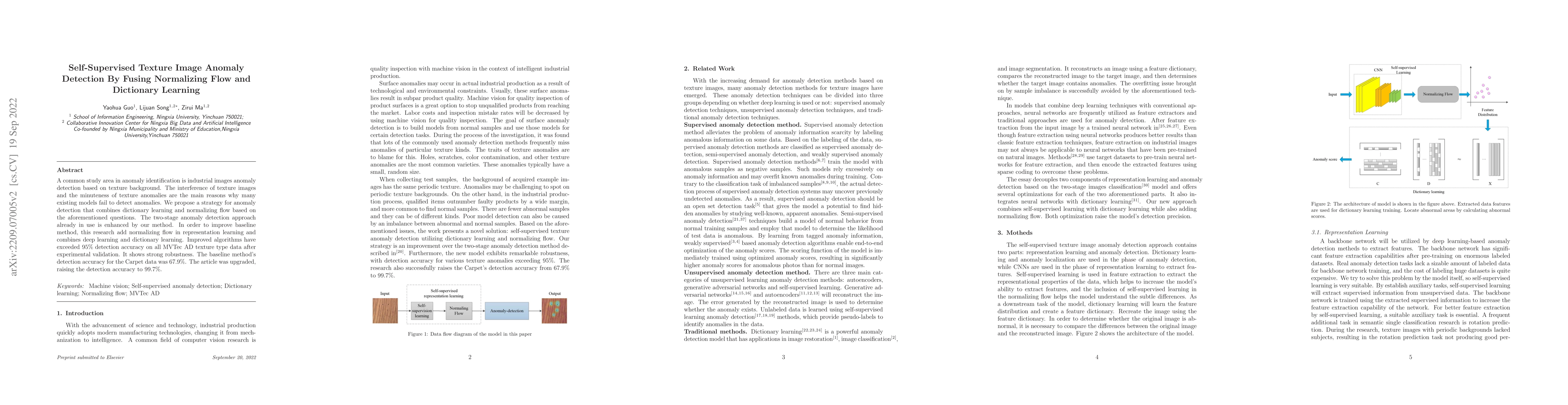 Thumbnail for Self-Supervised Texture Image Anomaly Detection By Fusing Normalizing
  Flow and Dictionary Learning