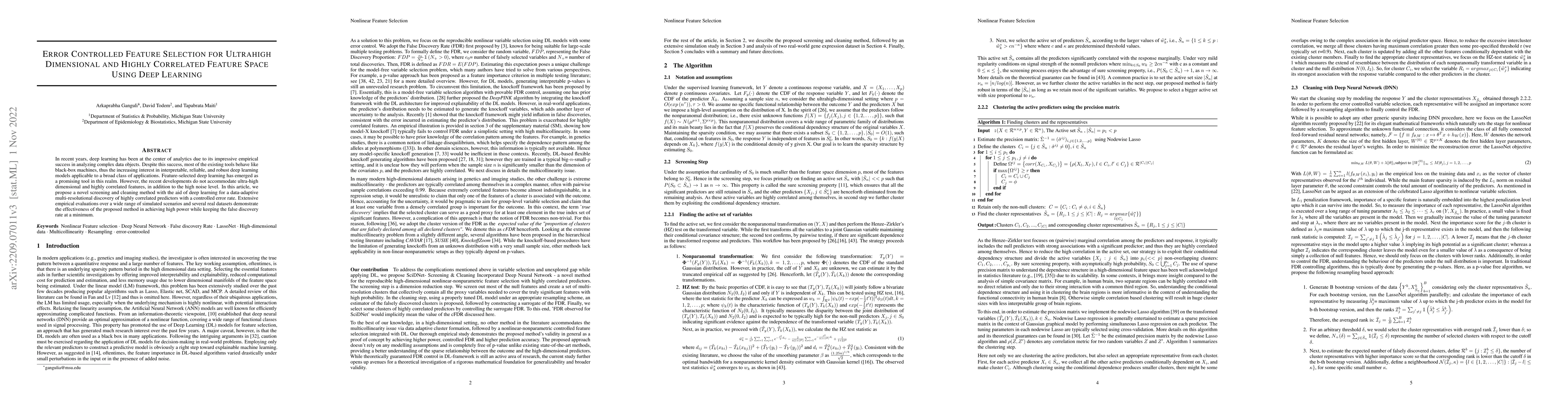 Thumbnail for Error Controlled Feature Selection for Ultrahigh Dimensional and Highly
  Correlated Feature Space Using Deep Learning