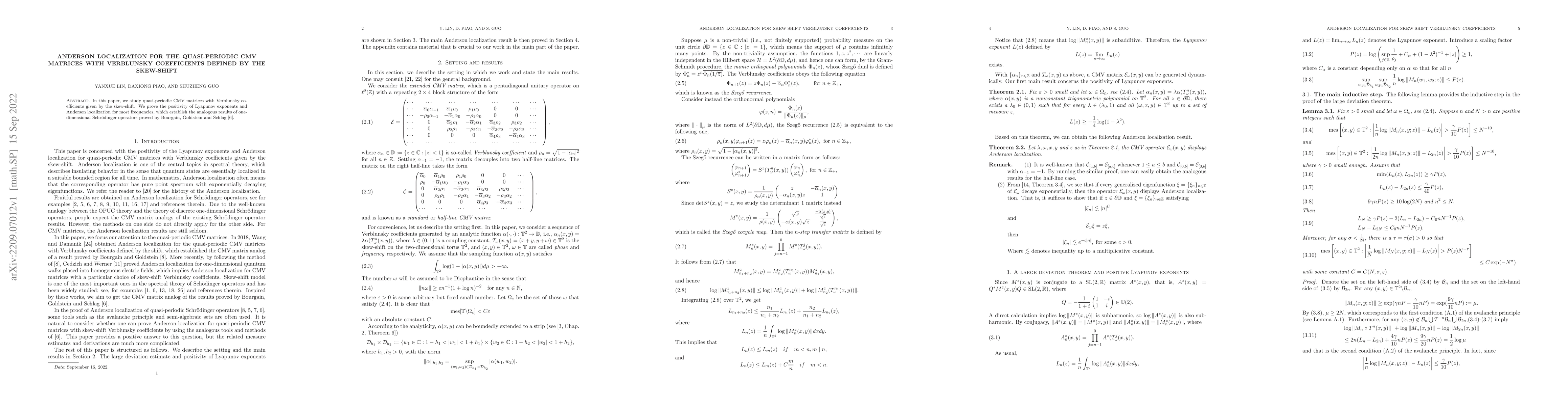 Thumbnail for Anderson localization for the quasi-periodic CMV matrices with
  Verblunsky coefficients defined by the skew-shift