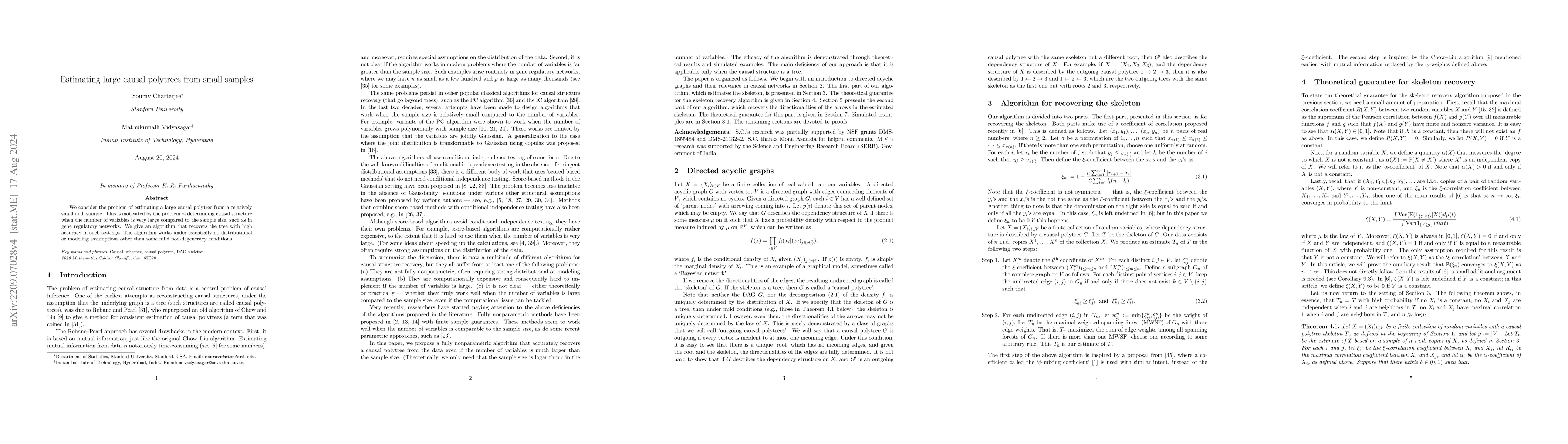 Thumbnail for Estimating large causal polytrees from small samples