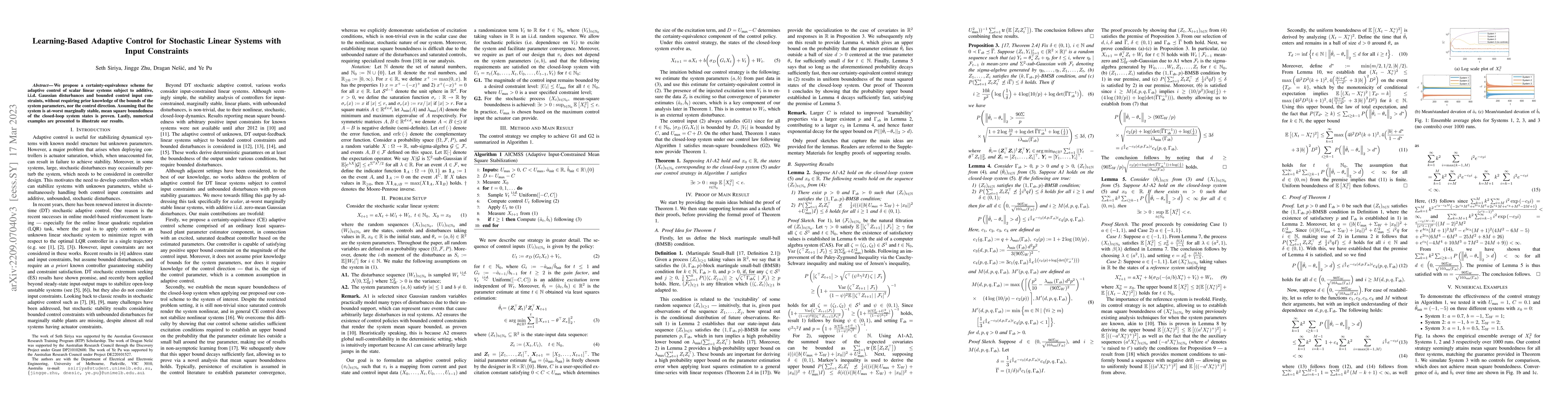 Thumbnail for Learning-Based Adaptive Control for Stochastic Linear Systems with Input
  Constraints