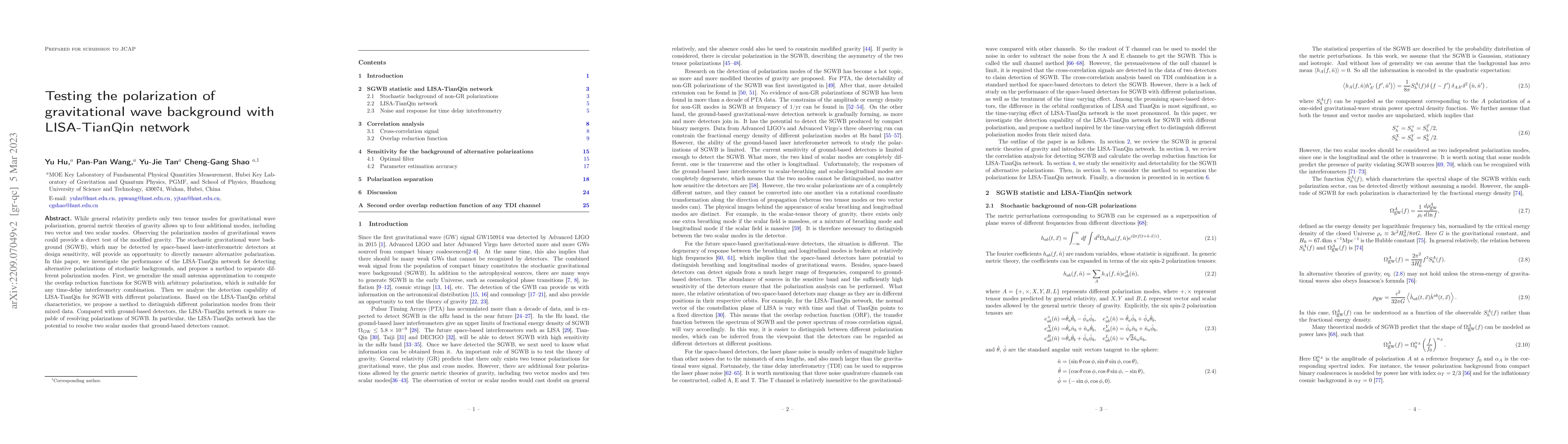 Thumbnail for Testing the polarization of gravitational wave background with
  LISA-TianQin network
