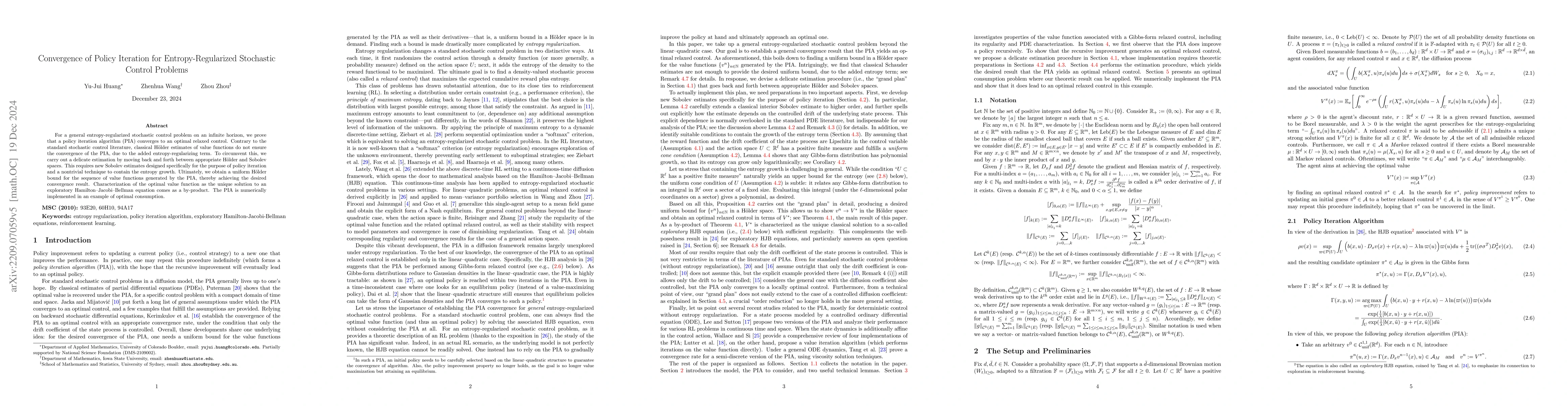 Thumbnail for Convergence of Policy Iteration for Entropy-Regularized Stochastic
  Control Problems