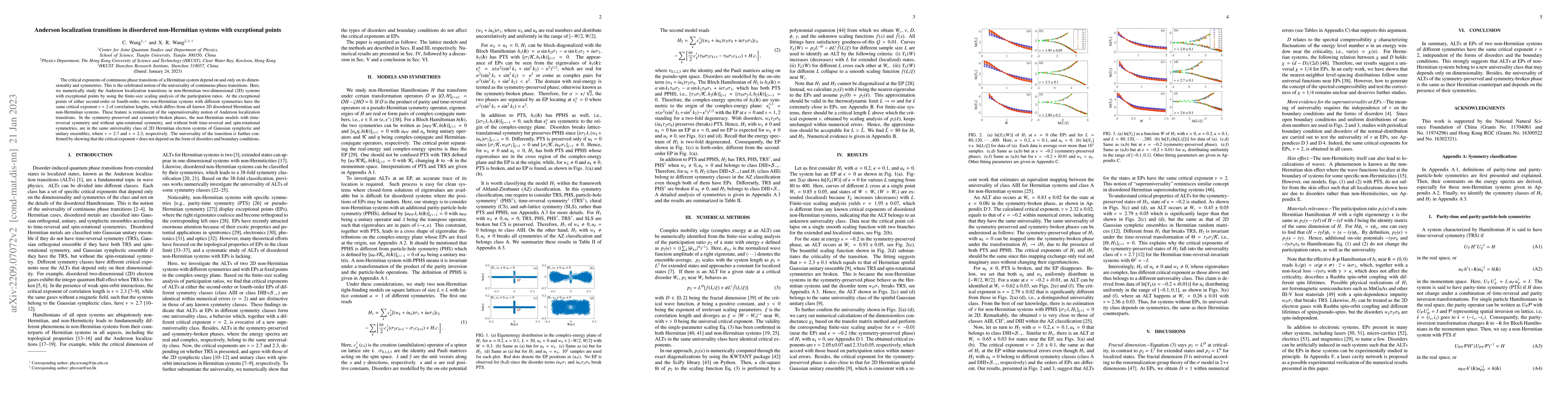 Thumbnail for Anderson localization transitions in disordered non-Hermitian systems
  with exceptional points