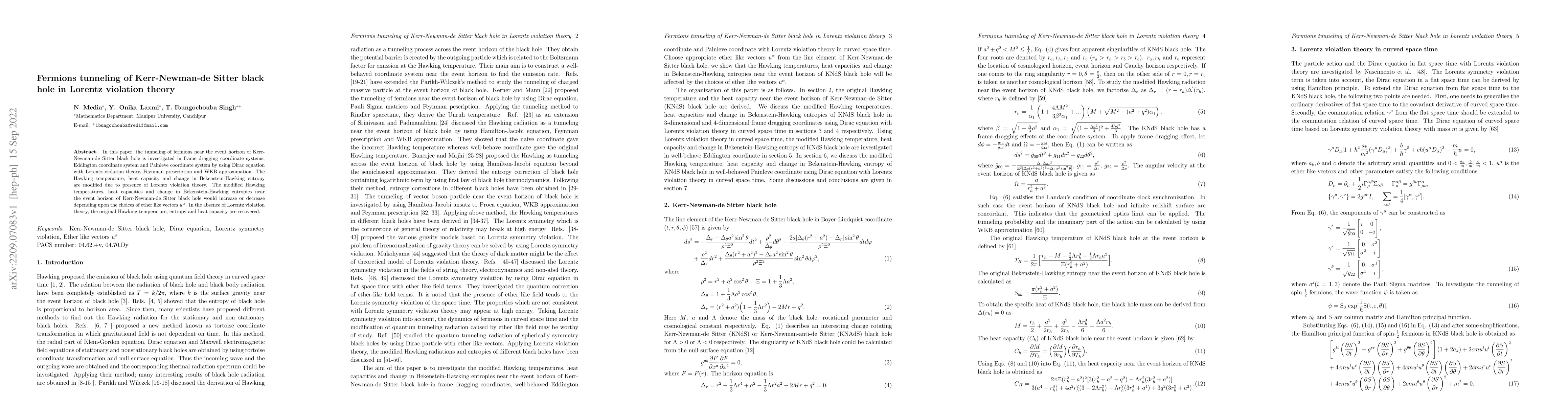 Thumbnail for Fermions tunneling of Kerr-Newman-de Sitter black hole in Lorentz
  violation theory