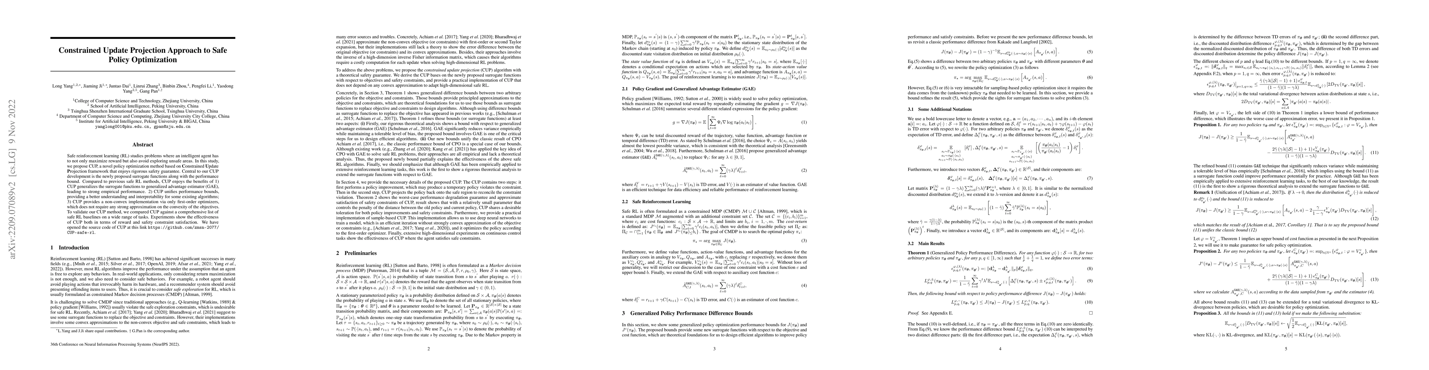 Thumbnail for Constrained Update Projection Approach to Safe Policy Optimization