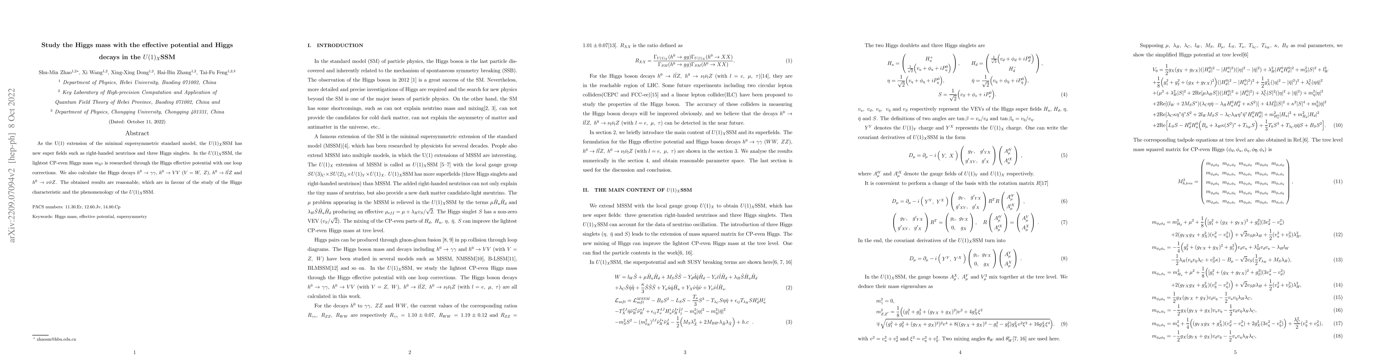 Thumbnail for Study the Higgs mass with the effective potential and Higgs decays in
  the $U(1)_X$SSM