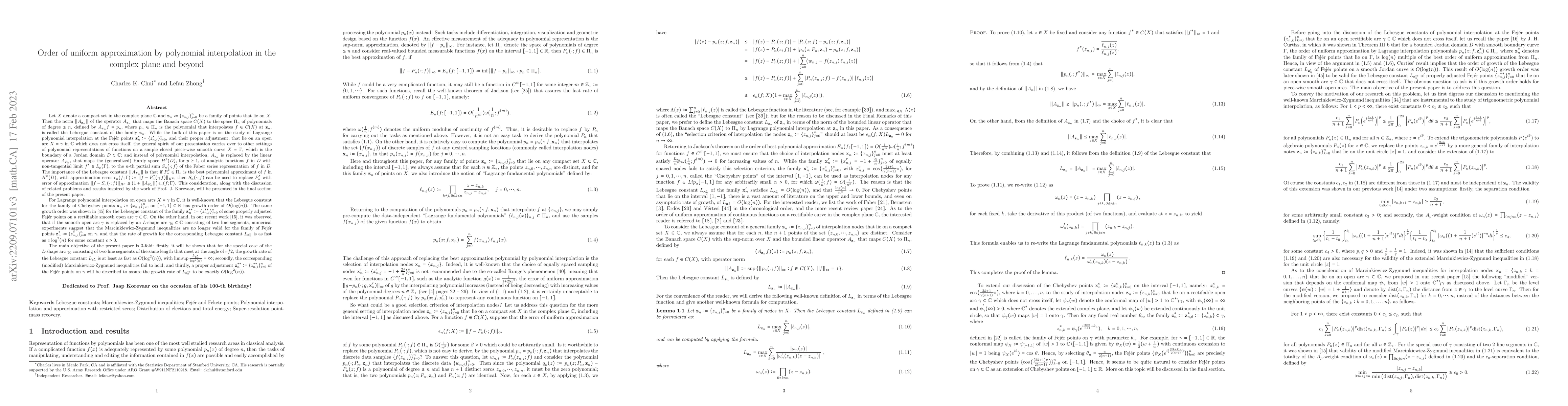 Thumbnail for Order of uniform approximation by polynomial interpolation in the
  complex plane and beyond