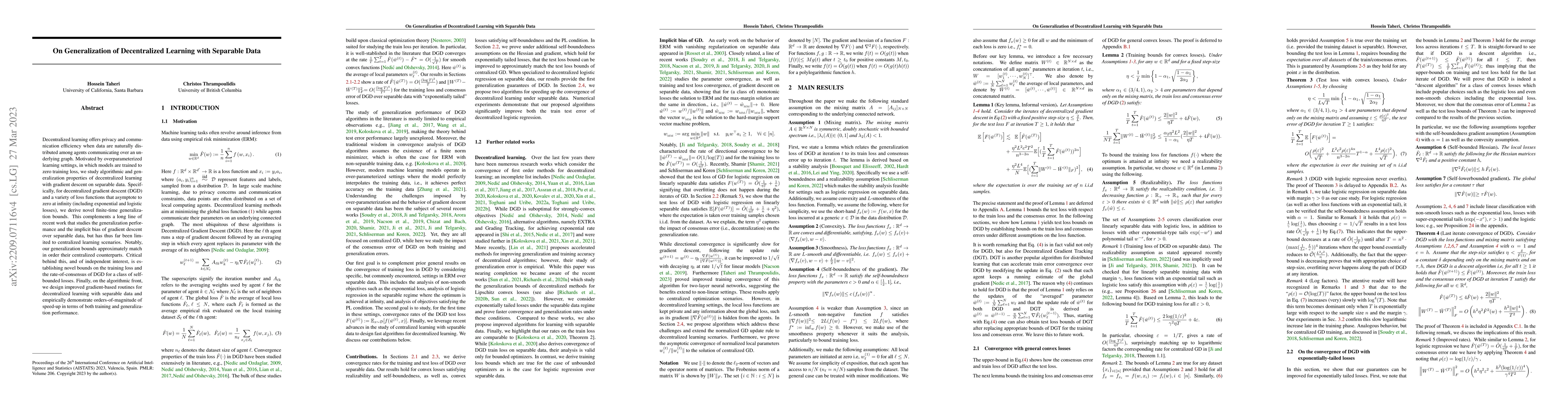 Thumbnail for On Generalization of Decentralized Learning with Separable Data