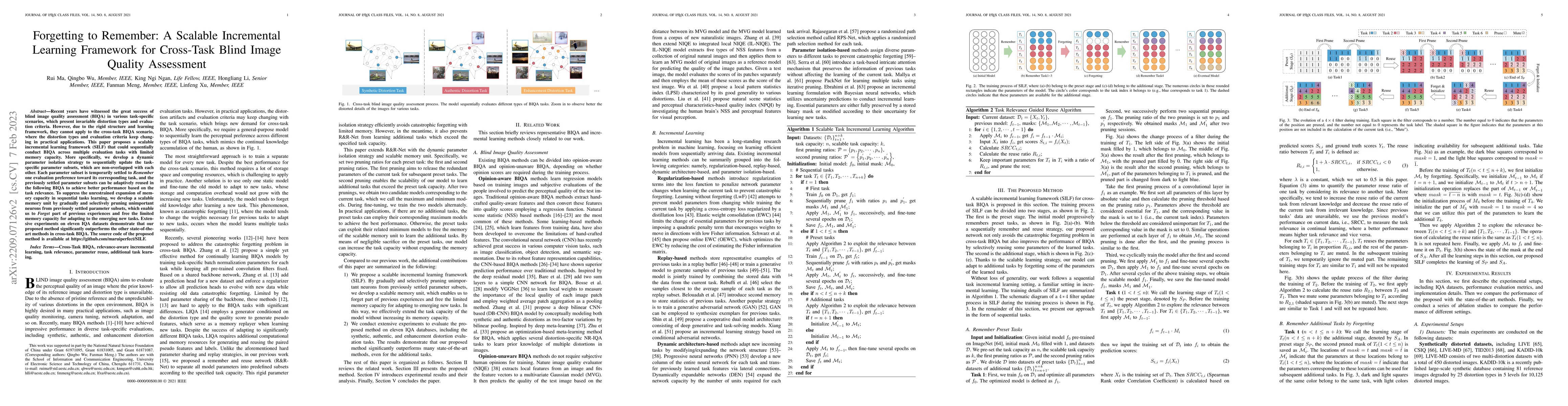 Thumbnail for Forgetting to Remember: A Scalable Incremental Learning Framework for
  Cross-Task Blind Image Quality Assessment