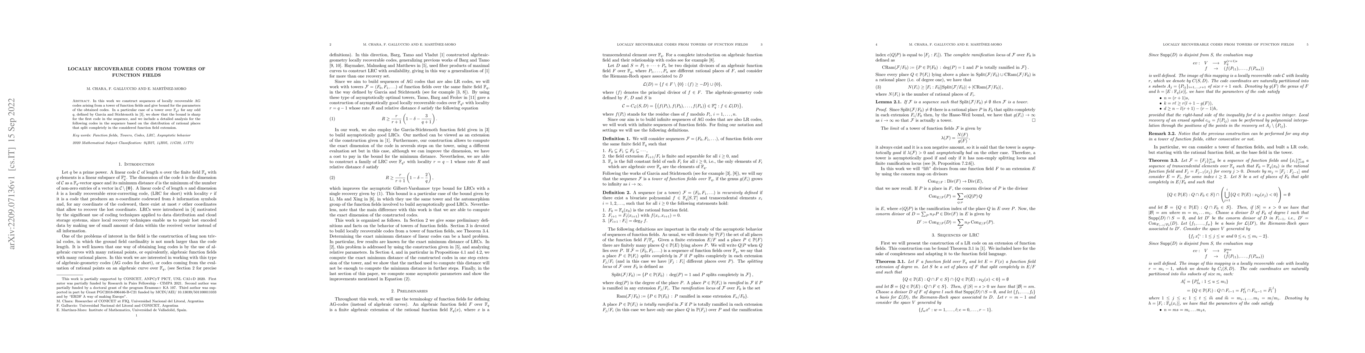 Thumbnail for Locally recoverable codes from towers of function fields