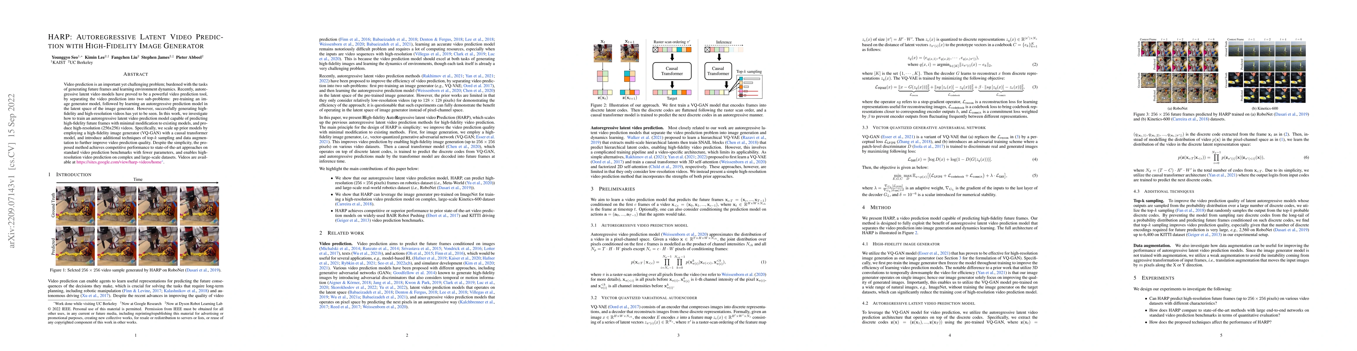 Thumbnail for HARP: Autoregressive Latent Video Prediction with High-Fidelity Image
  Generator