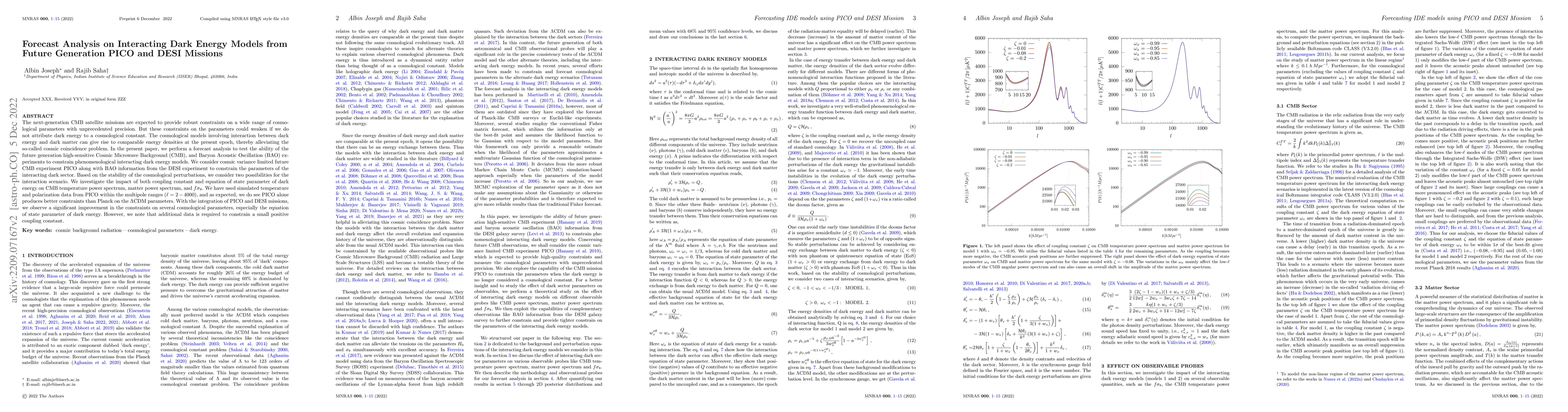 Thumbnail for Forecast Analysis on Interacting Dark Energy Models from Future
  Generation PICO and DESI Missions