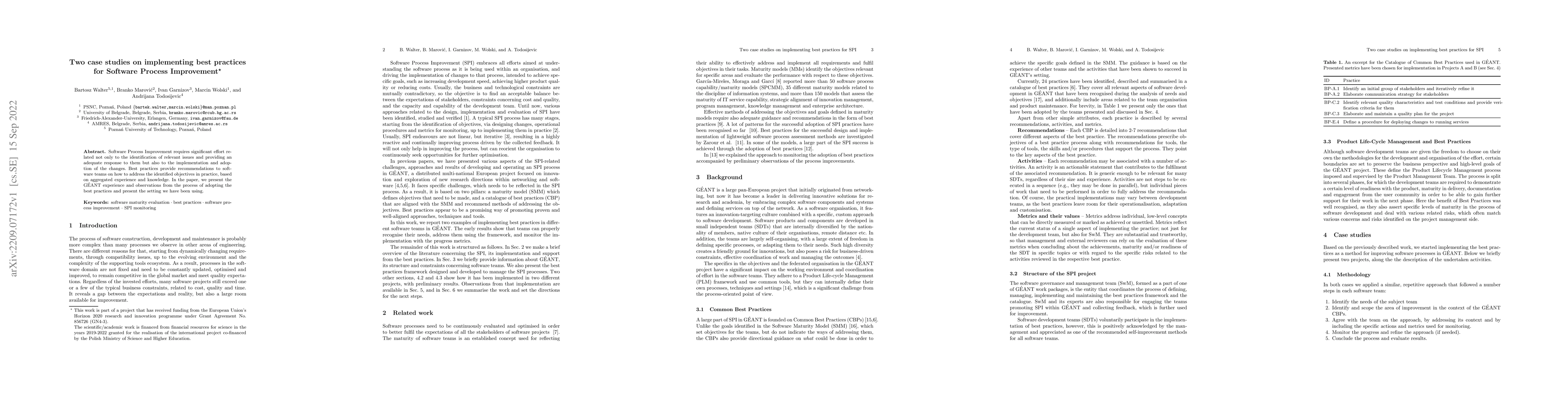 Thumbnail for Two case studies on implementing best practices for Software Process
  Improvement
