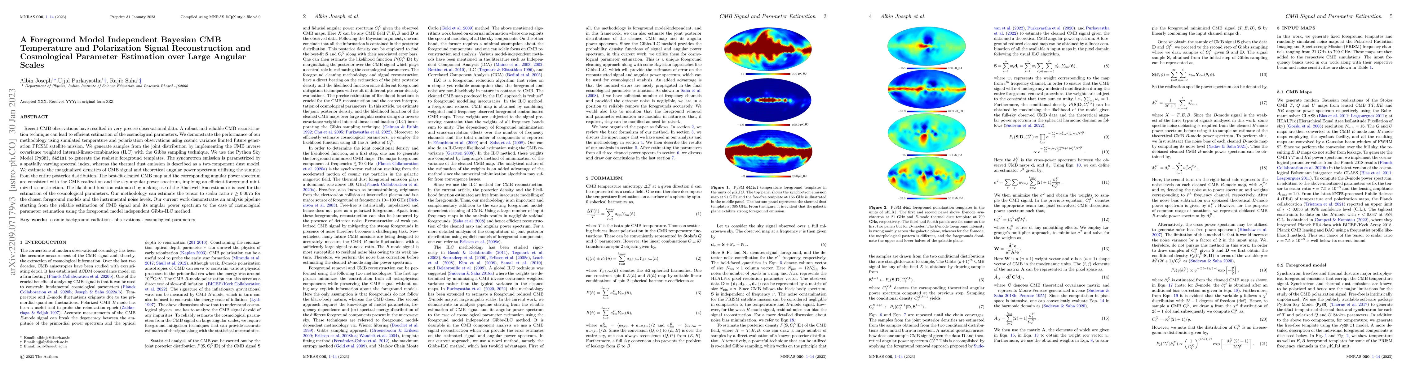 Thumbnail for A Foreground Model Independent Bayesian CMB Temperature and Polarization
  Signal Reconstruction and Cosmological Parameter Estimation over Large
  Angular Scales