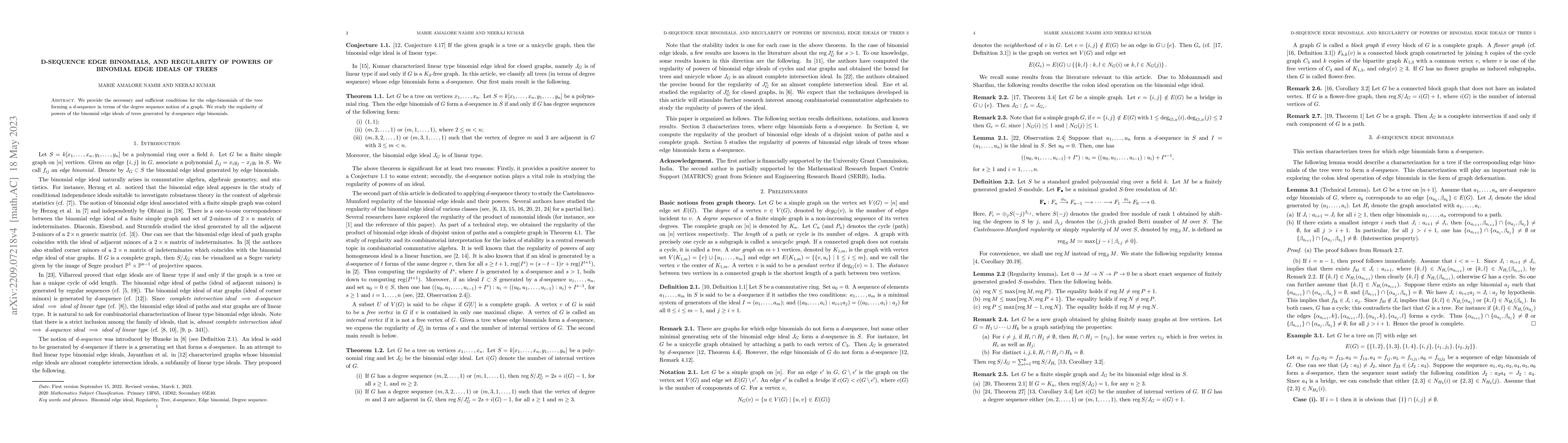 Thumbnail for D-Sequence Edge Binomials, and Regularity of Powers of Binomial Edge
  Ideals of Trees
