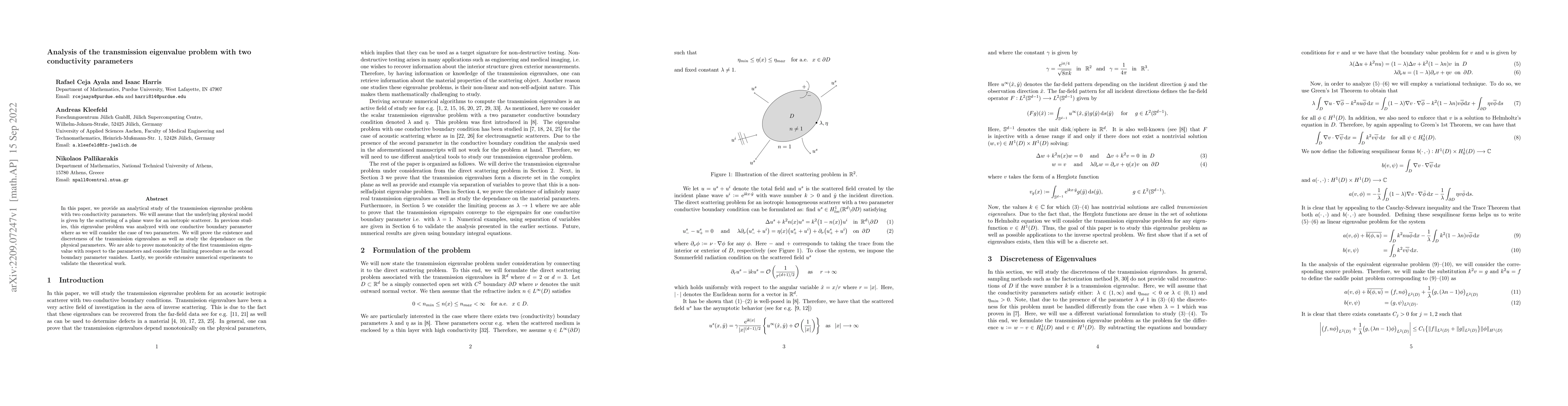 Thumbnail for Analysis of the transmission eigenvalue problem with two conductivity
  parameters