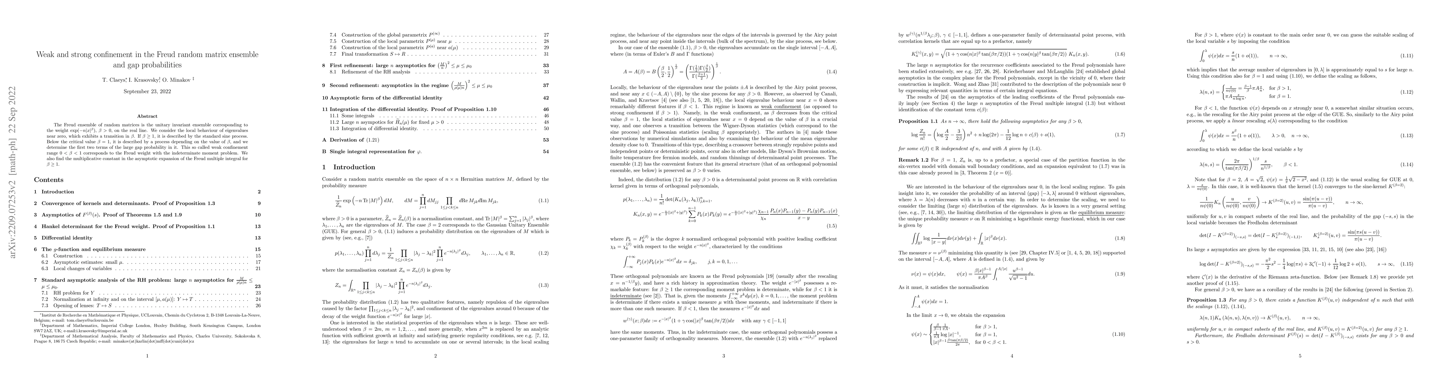 Thumbnail for Weak and strong confinement in the Freud random matrix ensemble and gap
  probabilities