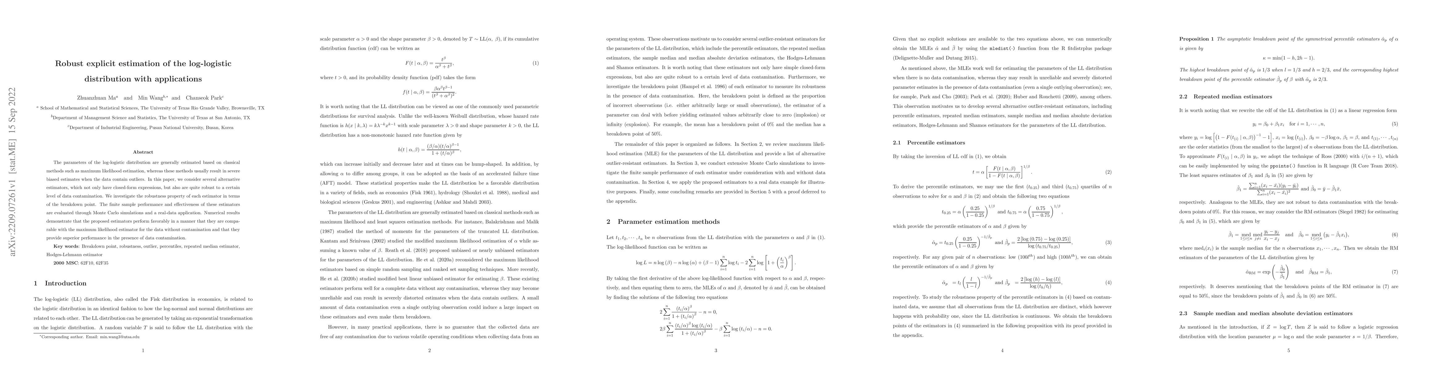 Thumbnail for Robust explicit estimation of the log-logistic distribution with
  applications