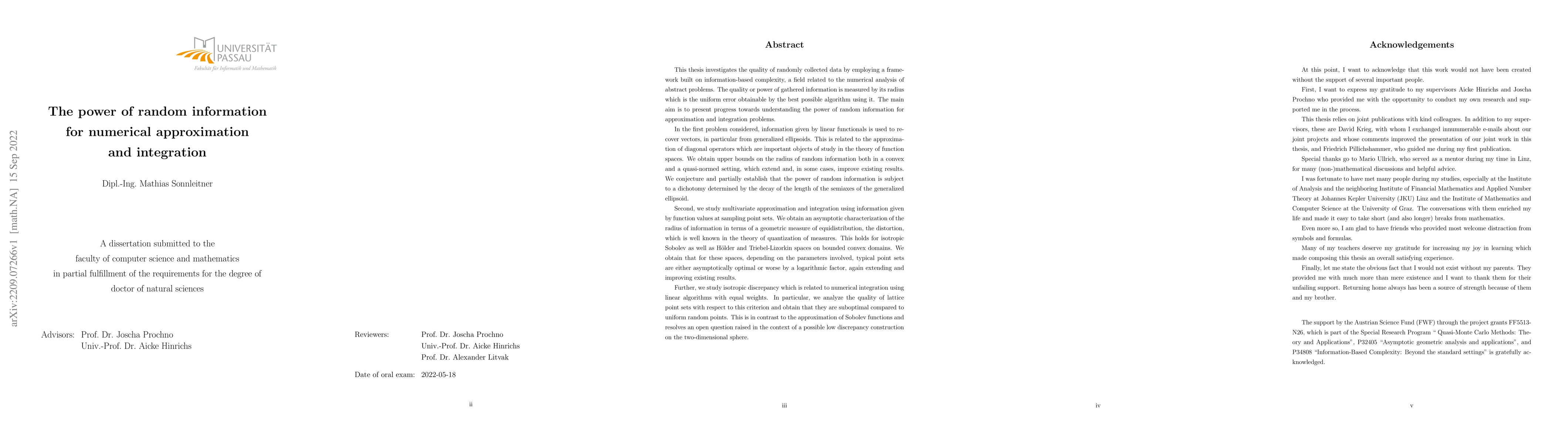 Thumbnail for The power of random information for numerical approximation and
  integration