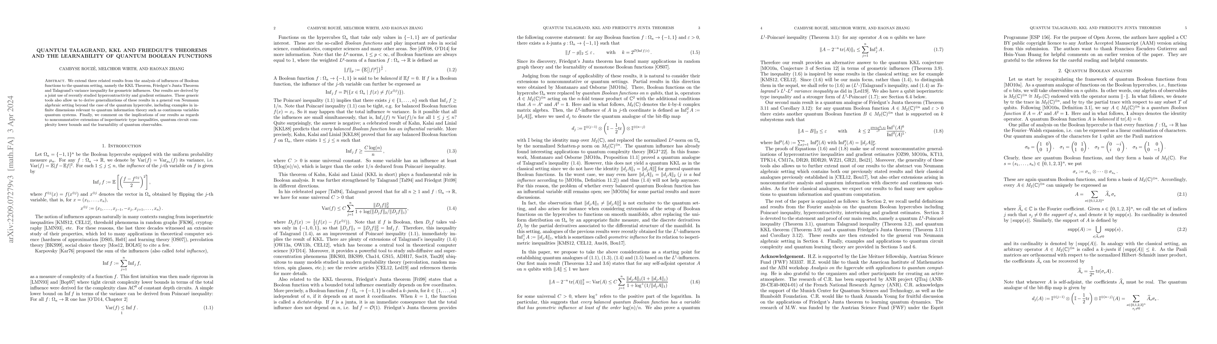Thumbnail for Quantum Talagrand, KKL and Friedgut's theorems and the learnability of
  quantum Boolean functions