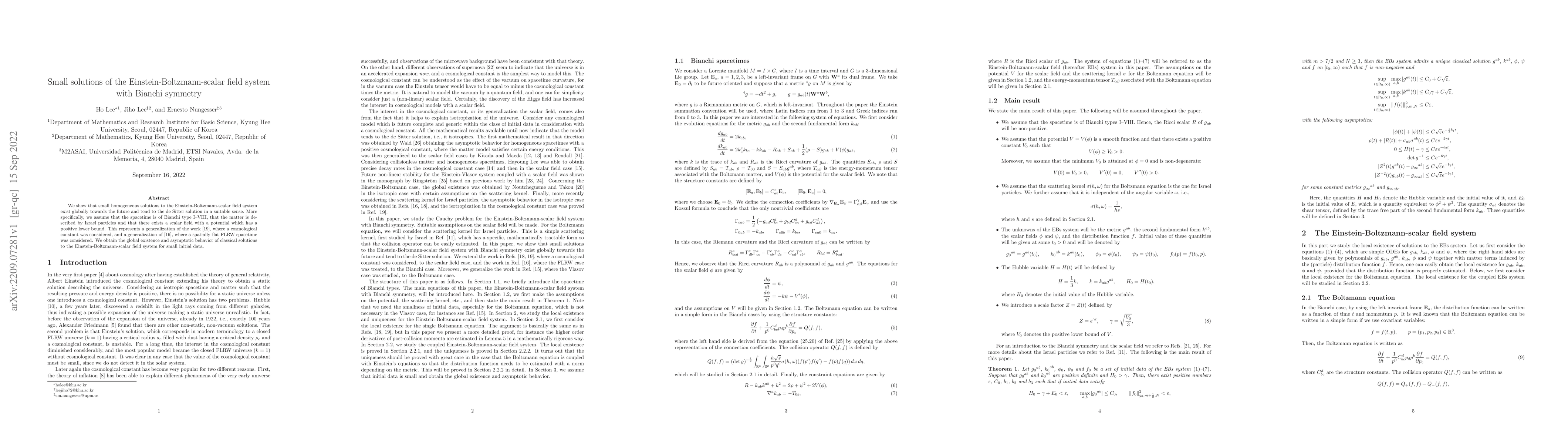 Thumbnail for Small solutions of the Einstein-Boltzmann-scalar field system with
  Bianchi symmetry
