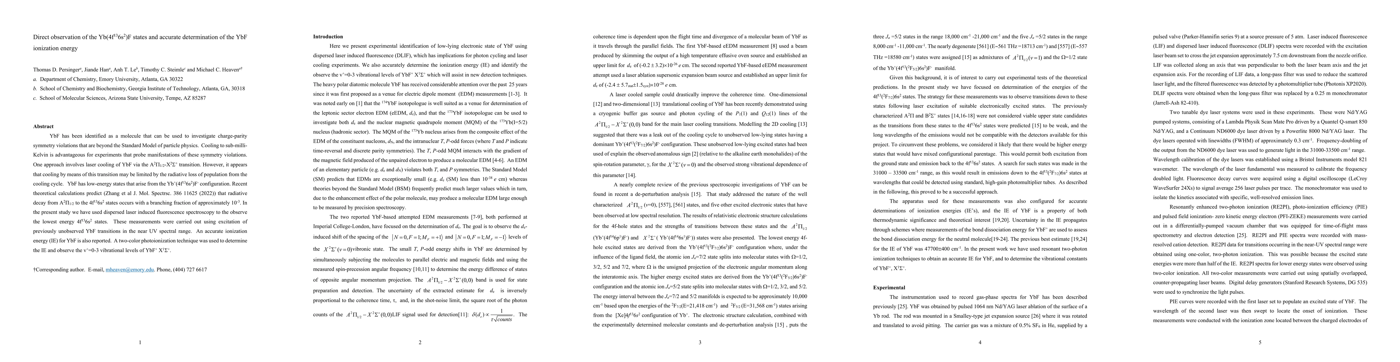 Thumbnail for Direct observation of the Yb(4f13 6s2)F states and accurate
  determination of the YbF ionization energy