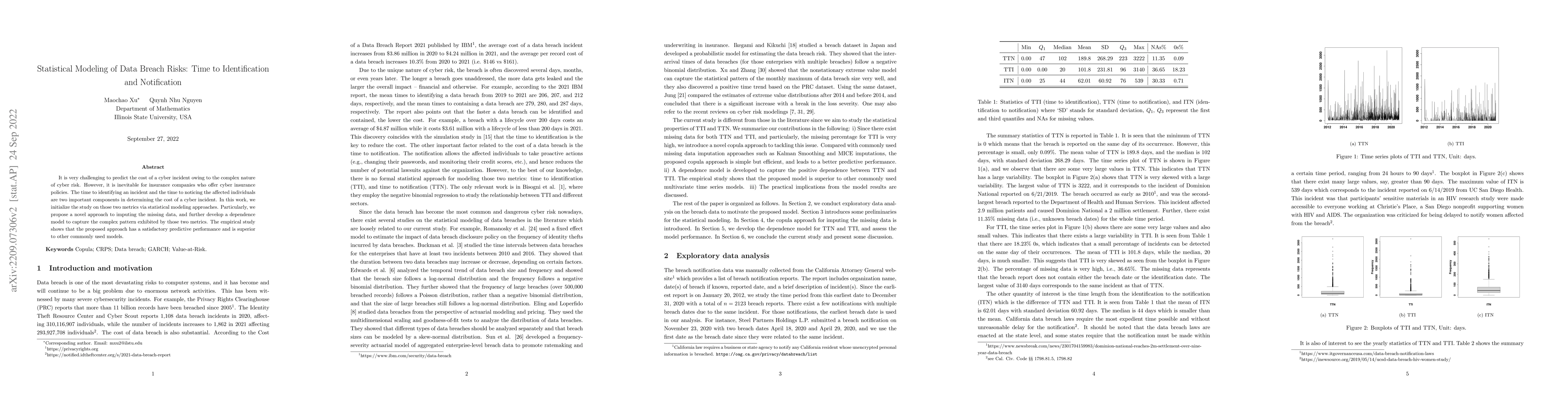 Thumbnail for Statistical Modeling of Data Breach Risks: Time to Identification and
  Notification