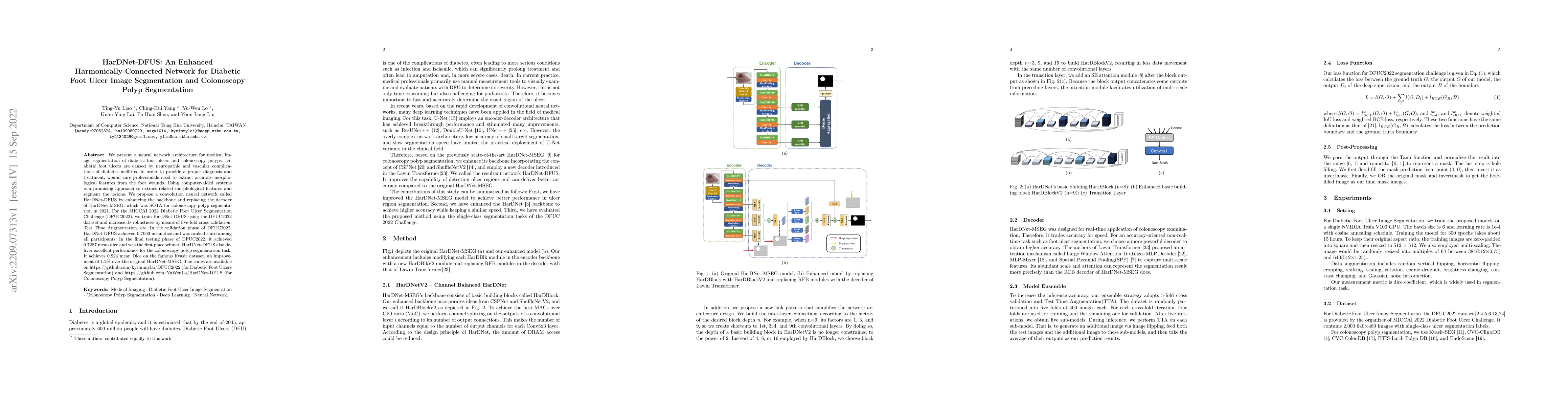 Thumbnail for HarDNet-DFUS: An Enhanced Harmonically-Connected Network for Diabetic
  Foot Ulcer Image Segmentation and Colonoscopy Polyp Segmentation