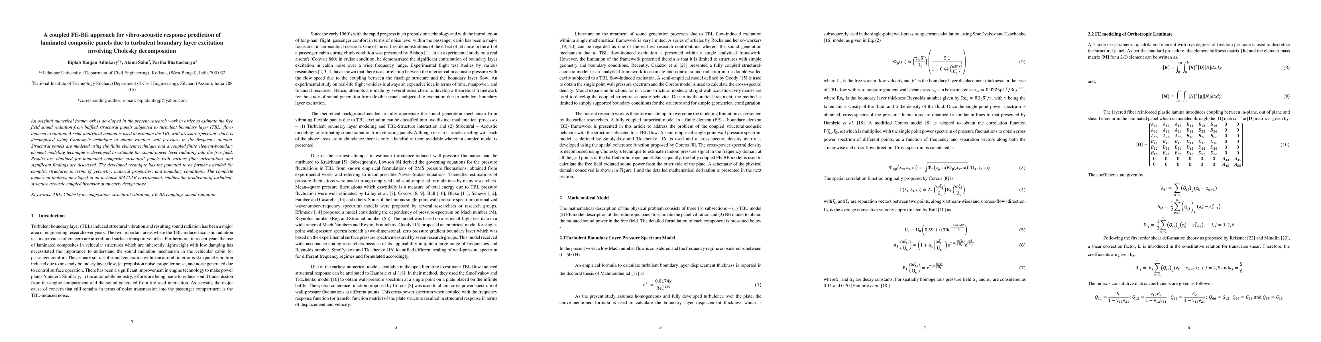 Thumbnail for A coupled FE-BE approach for vibro-acoustic response prediction of
  laminated composite panels due to turbulent boundary layer excitation
  involving Cholesky decomposition
