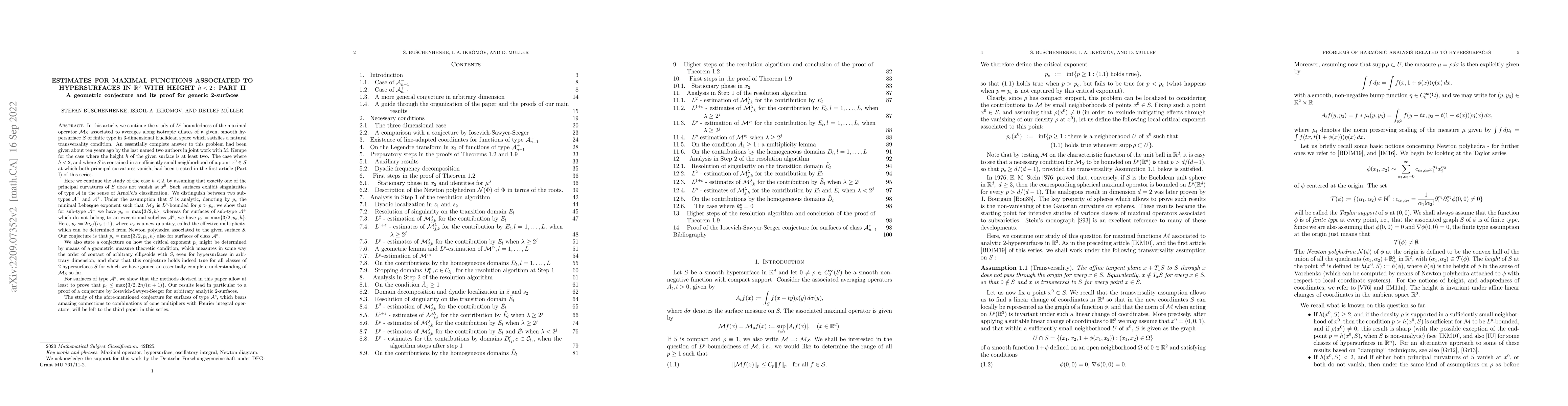 Thumbnail for Estimates for maximal functions associated to hypersurfaces in $\Bbb
  R^3$ with height $h<2:$ Part II -- A geometric conjecture and its proof for
  generic 2-surfaces