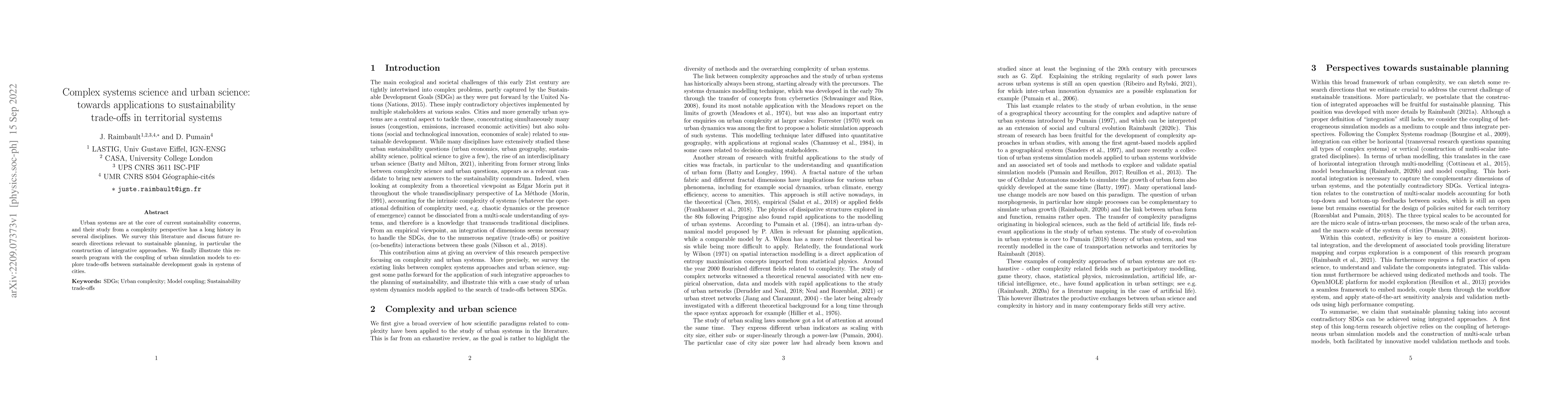 Thumbnail for Complex systems science and urban science: towards applications to
  sustainability trade-offs in territorial systems